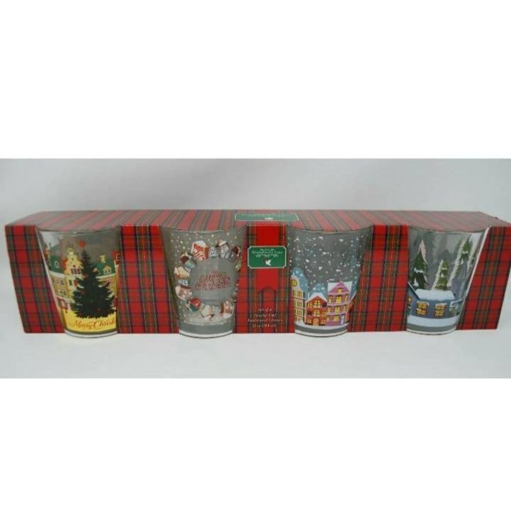 Winterberrie Lane Double Old Fashion Glasses Set of 4 Christmas Village NEW in O